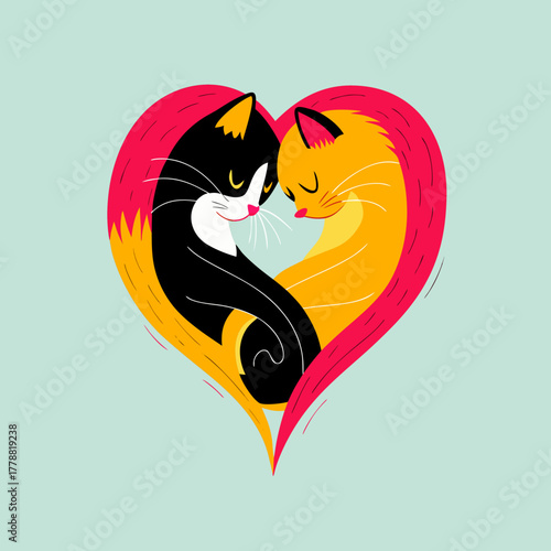 Two cats cuddling inside a heart shape with colorful design  