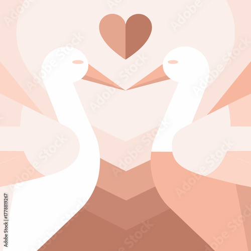 Abstract illustration of two birds kissing in heart shape  