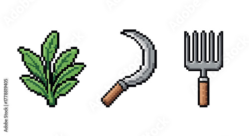 Pixel art gardening tools and herbs retro style set