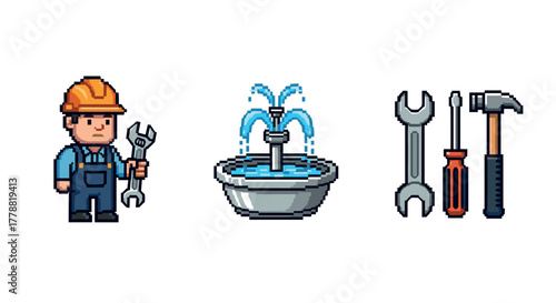 Pixel art plumber with tools and fountain retro gaming style