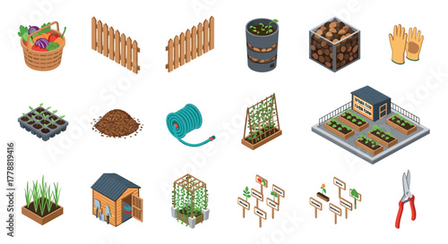 Garden elements collection featuring tools, accessories, and planting essentials in isometric design