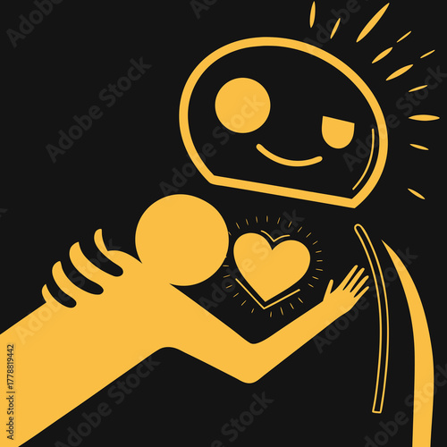 Yellow silhouette hugging a smiley face with a heart symbol  