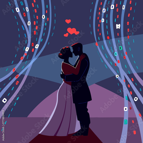 Couple kissing in digital background with hearts and binary code  