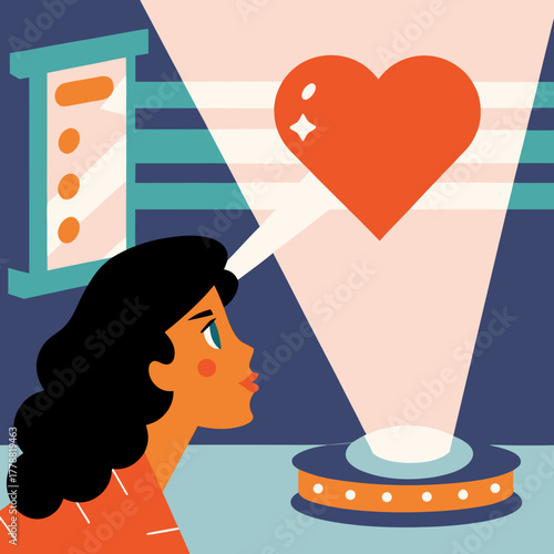 Woman gazing at heart symbol in colorful, modern visual design  