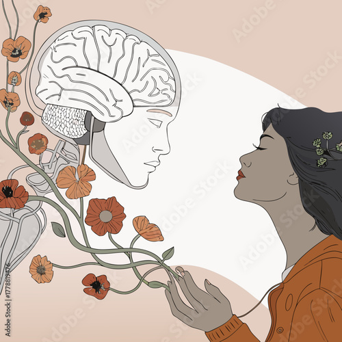Woman contemplating with flowers and brain illustration in soft colors  