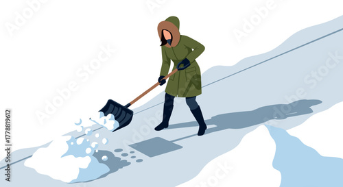 Winter cleanup scene with person shoveling snow on sidewalk in isometric style