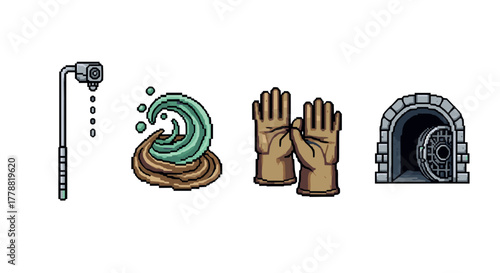 Retro pixel art objects shower, wave, gloves, and tunnel