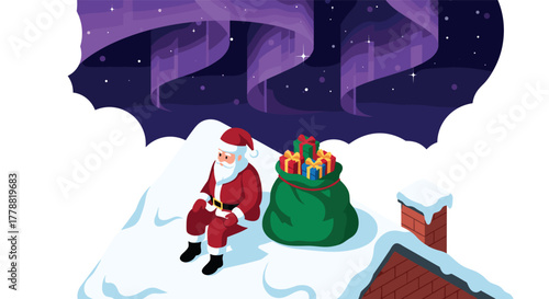 Santa on snowy rooftop under northern lights with gifts and chimney