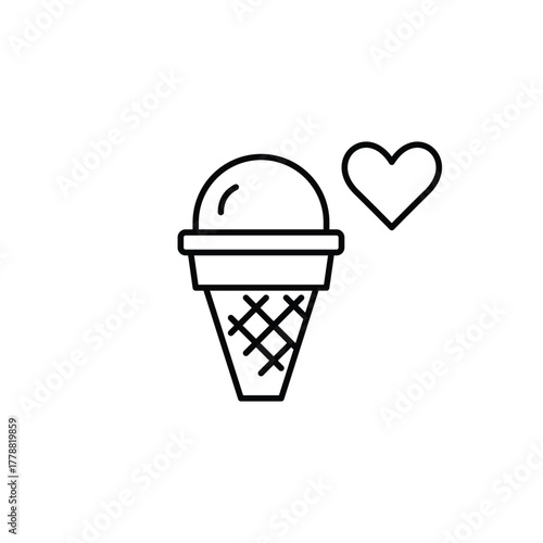 Ice cream cone and heart. Romantic dessert date. Pixel perfect, editable stroke vector icon