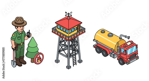 Isometric forest ranger, fire tower, and fire truck for wildfire safety design