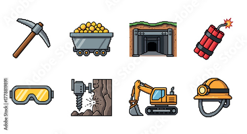 Pixel art mining icons set tools, equipment, and safety gear for digital illustrations