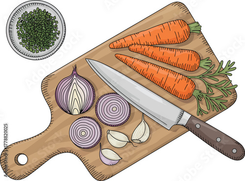 Wooden Cutting Board with Knife, Garlic, Onions and Carrots. Hand Drawn Kitchen Preparation and Cooking Ingredient Illustration