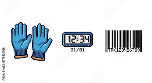 Pixel art blue gloves with digital clock and barcode design