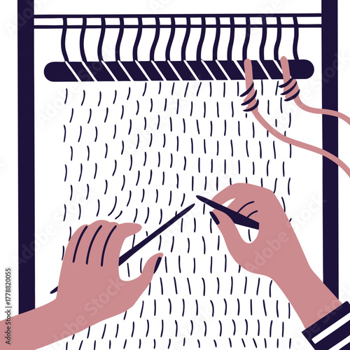 Hands weaving on a loom creating fabric in a craft workshop  