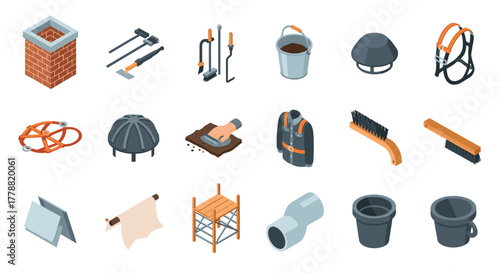 Comprehensive set of construction tools and equipment in isometric design