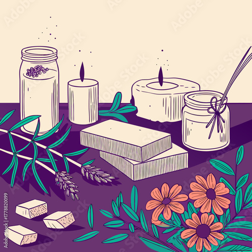 Herbal candle-making supplies with flowers and greenery on table  