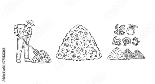 Composting process farmer piles organic waste with handdrawn elements
