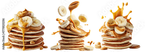 Stack of pancakes topped with banana slices and peanut butter splash isolated on white transparent background
