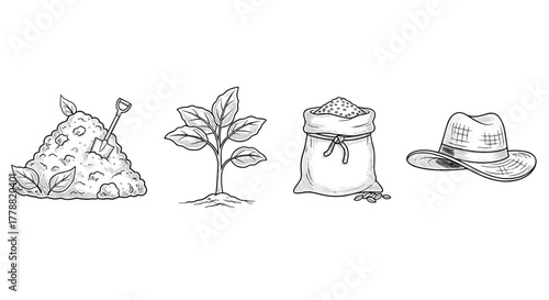 Monochrome farming icons soil, plant, grain sack, farmer hat