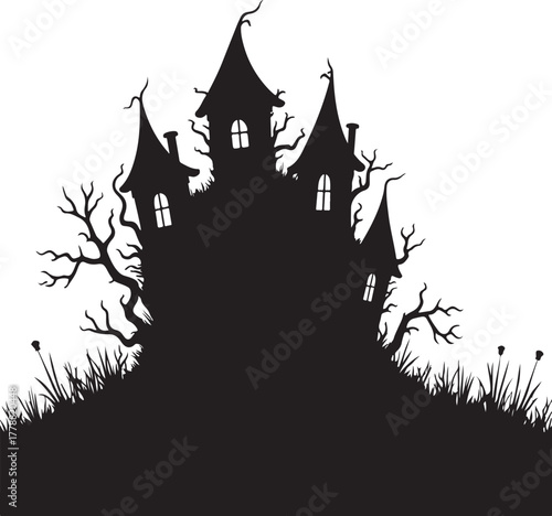 Black silhouette haunted house with gnarled trees and grass