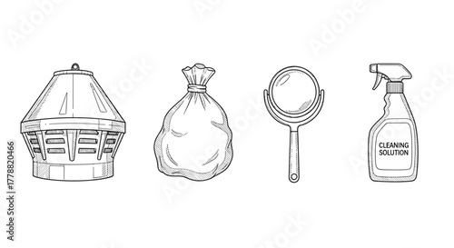 Hand drawn sketches of waste processing recycling bin, trash bag, magnifier, cleaning bottle