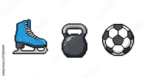 Pixel art sports icons ice skate, kettlebell, soccer ball