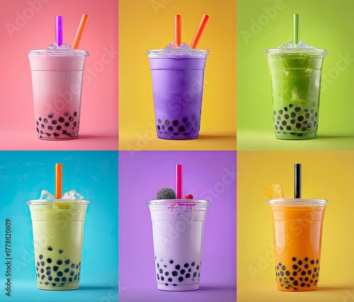 Six Colorful Bubble Tea Drinks Collage