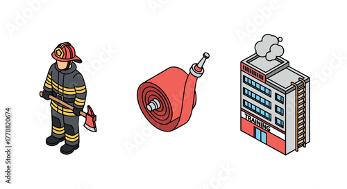 Isometric firefighter equipment and training facility in urban setting