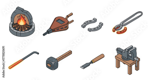 Traditional blacksmith tools in isometric design with forge and anvil