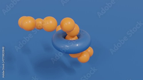 Looped 3D animation of orange spheres rotating around a blue torus on a clean blue background. Abstract geometric motion design for technology, data visualization, branding, UI, and presentations.