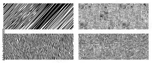 Set of 4 abstract line patterns diagonal stripes maze squares wavy contour textures vector background