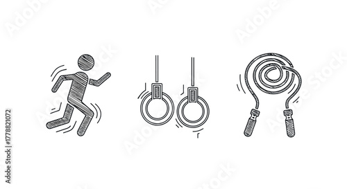Sketch style fitness elements running figure, gymnastic rings, jump rope
