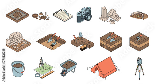 Archaeology tools and elements in isometric style for excavation and exploration