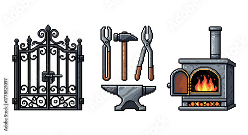 Medieval blacksmith elements anvil, tools, gate, and fireplace in pixel art