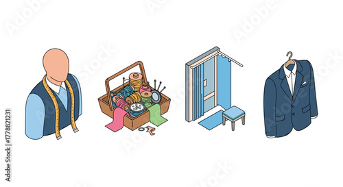 Tailoring essentials tools, materials, and finished suit in isometric style
