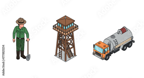 Ranger, watchtower, and service truck in isometric style depicting forest management