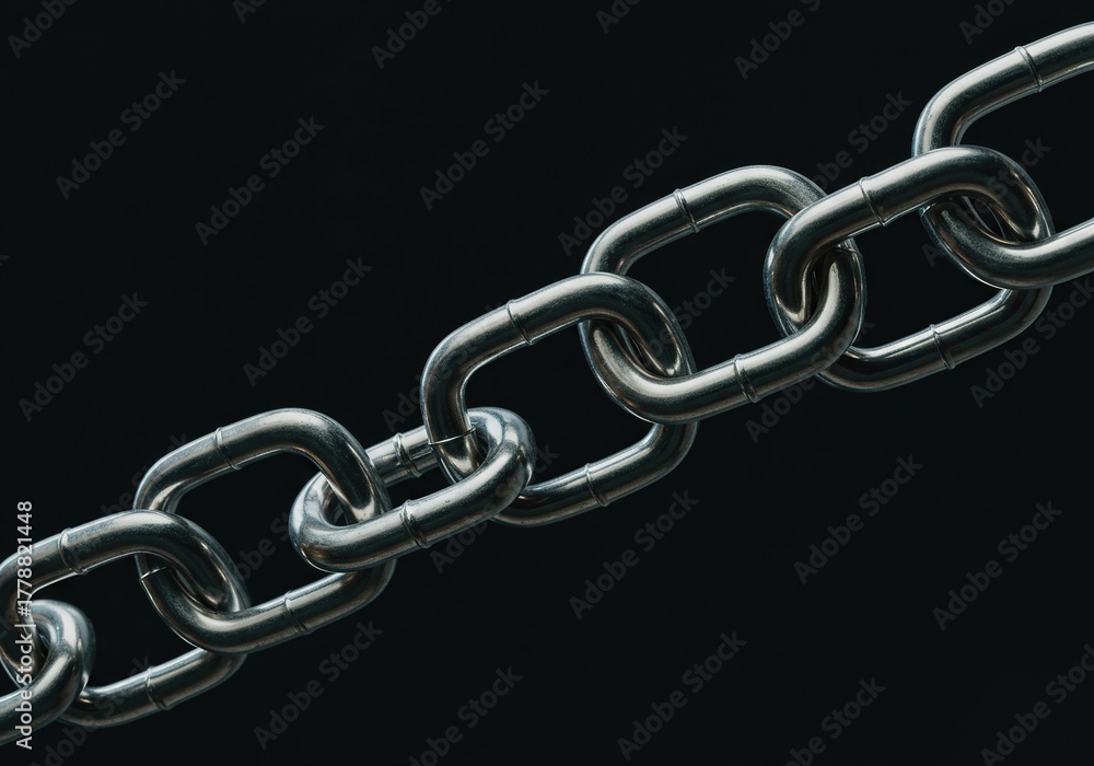 Obraz premium Abstract background featuring multiple highly polished metal chain links connected end to end, creating complex reflections and visual texture ,security ,strong ,object