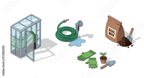 Gardening essentials isometric greenhouse, tools, and supplies for urban gardeners