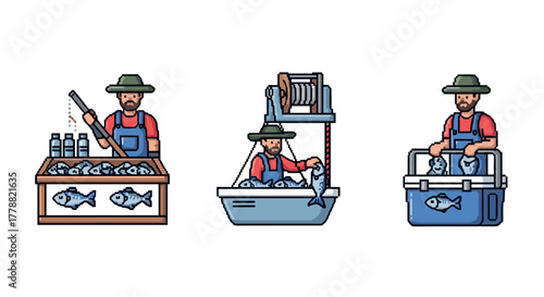 Pixel art fishing scenes fisherman catching, weighing, packaging fish in three panels