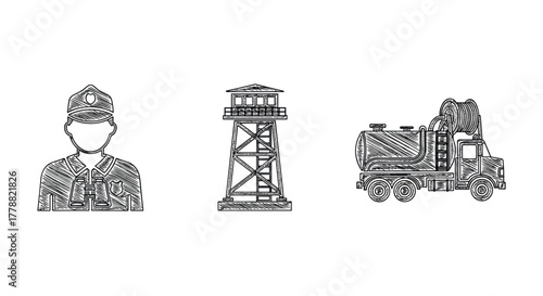 Sketch style security icons featuring guard, watchtower, and tanker truck
