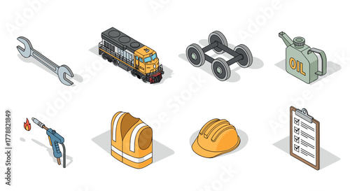 Industrial tools and equipment in isometric style for engineering and safety