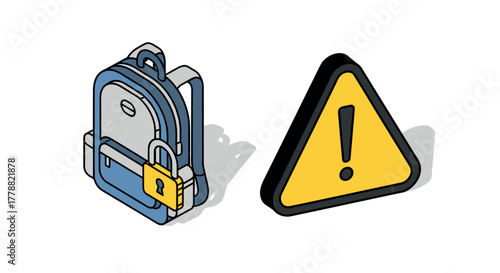 Security warning concept locked backpack and caution sign in isometric design