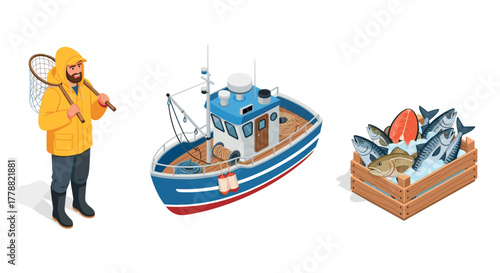 Isometric fishing scene with fisherman, boat, and fish