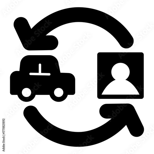 Driver license lookup solid icon, learner permit concept. Vector graphics. Two arrows with photo and car, driving sign on white background, style icon mobile or web design.