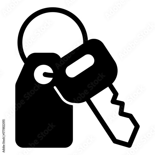 House key and keychain solid icon, real estate concept. Vector graphics. Key with room number tag, safety sign on white background, style icon mobile or web design.