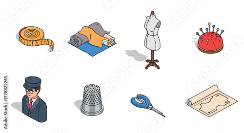 Isometric sewing tools set mannequin, tape measure, fabric rolls, thimble, scissors, pins, pattern