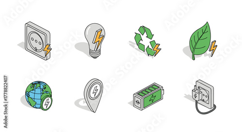 Ecofriendly energy icons isometric design featuring renewable symbols
