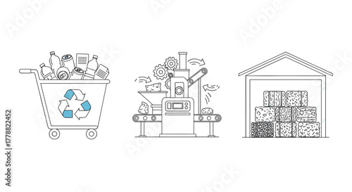 Recycling process diagram with waste cart, compression machine, and storage