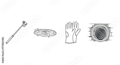 Plumbing tools and elements line art of snake, puddle, gloves, pipe