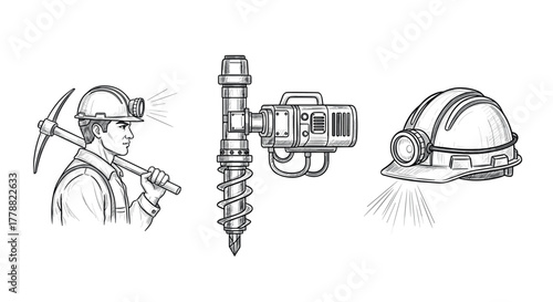 Detailed mining equipment and worker sketch with helmet and tools